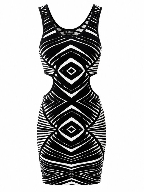 bebe Dresses & Skirts - Bebe Black White Striped Cutout Bodycon Mini Dress Size S